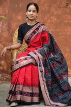 Red Sachipar with duck and elephant motifs — Sambalpuri Bandha ikat saree — Pasapali Odisha