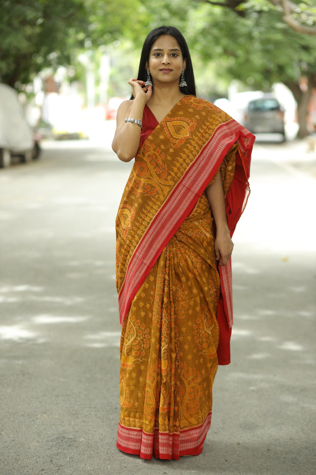Yellow Sambalpuri cotton saree with handwoven tree motifs and red rudraksh border – Pasapali