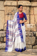 Load image into Gallery viewer, White Kotpad cotton saree with natural indigo blue border and hand-woven checked pattern.
