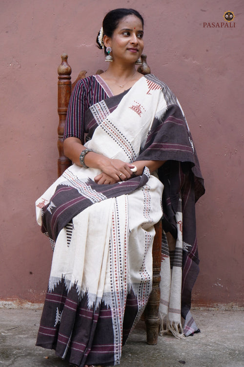 Aalraga Off-White Kotpad Handloom Cotton saree by Pasapali — full hero view with aal bark dyed brown tones