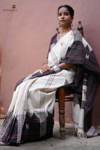 Aalraga Kotpad natural dye saree front drape — off-white handspun cotton with macha and pharsa motifs, Pasapali