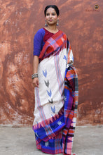 Load image into Gallery viewer, Adrika Kotpad saree border close-up — phoda kumbha interlocking weave in red and blue on off-white cotton
