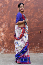 Load image into Gallery viewer, Adrika off-white Kotpad saree handloom drape view — vegetable dyed cotton, tribal weaving tradition Odisha
