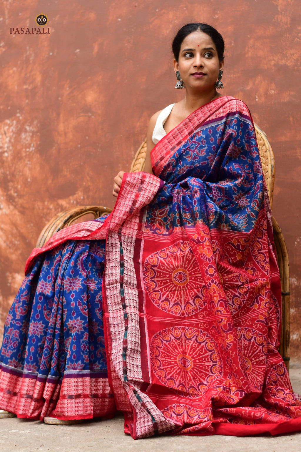Akshaya Blue Sambalpuri Bandha mercerized cotton saree by Pasapali — full hero view with lotus pallu and fish border