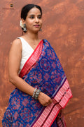 Flat lay of Akshaya Blue Sambalpuri Bandha saree — full length 5.40m mercerized cotton with blouse from Pasapali