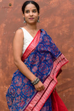 Handloom drape view of Akshaya — original Sambalpuri cotton saree with Bandha weave and Jhoti motifs by Pasapali