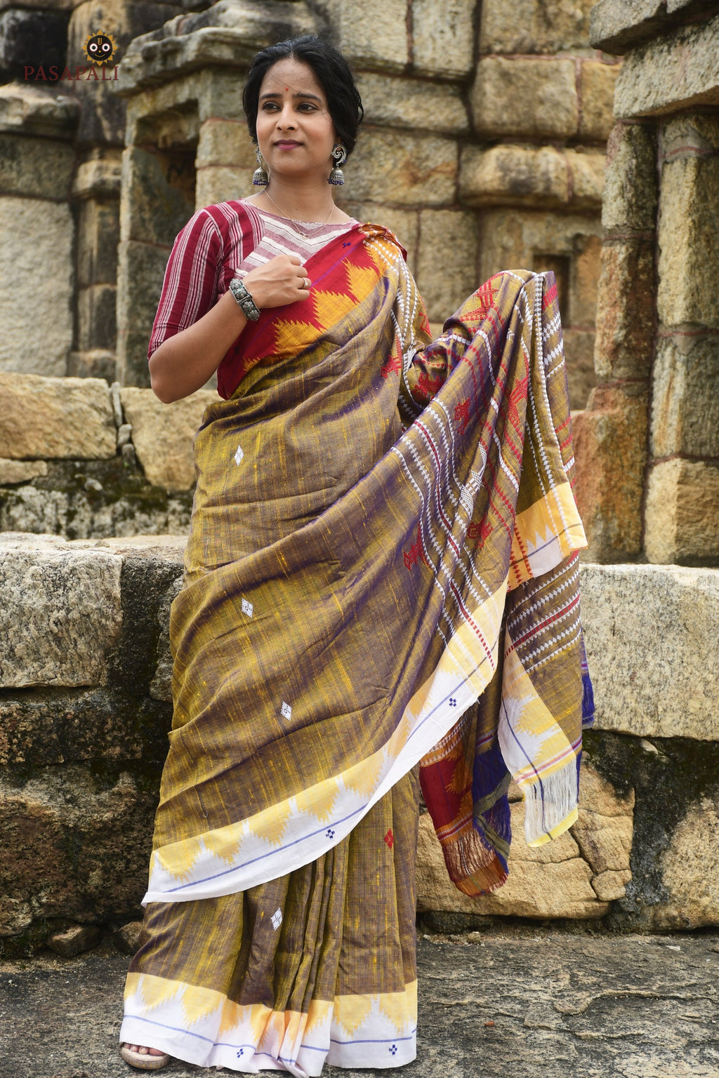 Amalaki golden Kotpad saree full view — natural dyed Tussar Cotton Silk with tribal motifs by Mirgan weavers, Pasapali