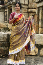 Amalaki golden Kotpad saree full view — natural dyed Tussar Cotton Silk with tribal motifs by Mirgan weavers, Pasapali