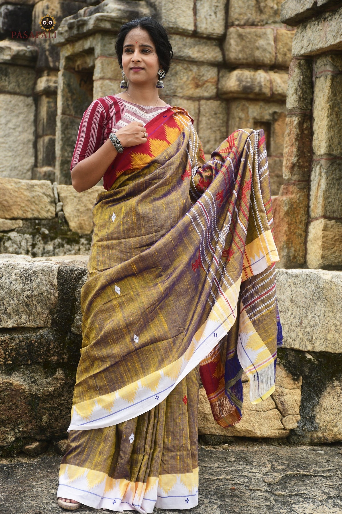 Amalaki golden Kotpad saree full view — natural dyed Tussar Cotton Silk with tribal motifs by Mirgan weavers, Pasapali