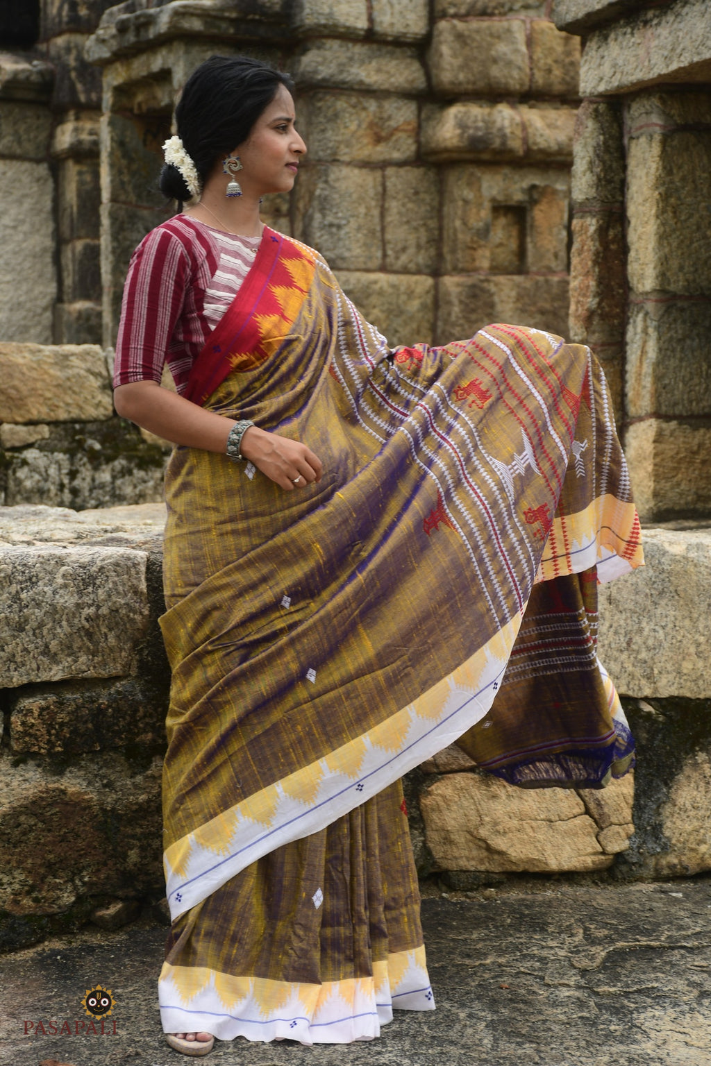 Body weave detail of Amalaki Kotpad natural dye saree — tribal motifs on handspun Tussar Cotton Silk, Pasapali
