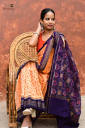 Anasuya Sambalpuri Bandha saree by Pasapali — Rudraksha motif border close-up in Apricot Beige and Blue.