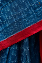 Load image into Gallery viewer, Annapriya teal blue Sambalpuri Bandha mercerized cotton saree full view — Pasapali handloom, Dhaana Patri body, red border
