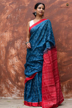 Load image into Gallery viewer, Annapriya Sambalpuri cotton saree folded to show Dhaana Patri motif, teal blue and red double ikat weave
