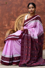 Load image into Gallery viewer, Annapurna GI certified Sambalpuri cotton saree in pink — full length hero view showing Dhaana Patri body and flower border, Pasapali.
