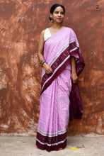 Load image into Gallery viewer, Annapurna Pink Sambalpuri Bandha mercerized cotton saree by Pasapali — full hero view showing pink and deep maroon Bandha weave.
