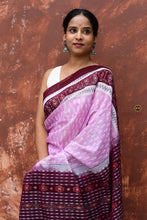 Load image into Gallery viewer, Annapurna Sambalpuri cotton saree front drape — pink mercerized cotton with Dhaana Patri rice paddy body motif by Pasapali.
