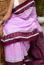 Load image into Gallery viewer, Annapurna Sambalpuri cotton saree handloom drape view — pink mercerized cotton with flower motif border by Bhulia weavers, Odisha.
