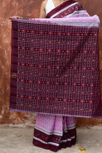 Load image into Gallery viewer, Dhaana Patri rice paddy motif detail on Annapurna — Bandhakala double ikat technique, Sambalpuri handloom saree by Pasapali.
