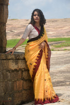 Arunima yellow Kotpad handloom Tussar Cotton Silk saree by Pasapali — full hero view with natural aal bark dye finish