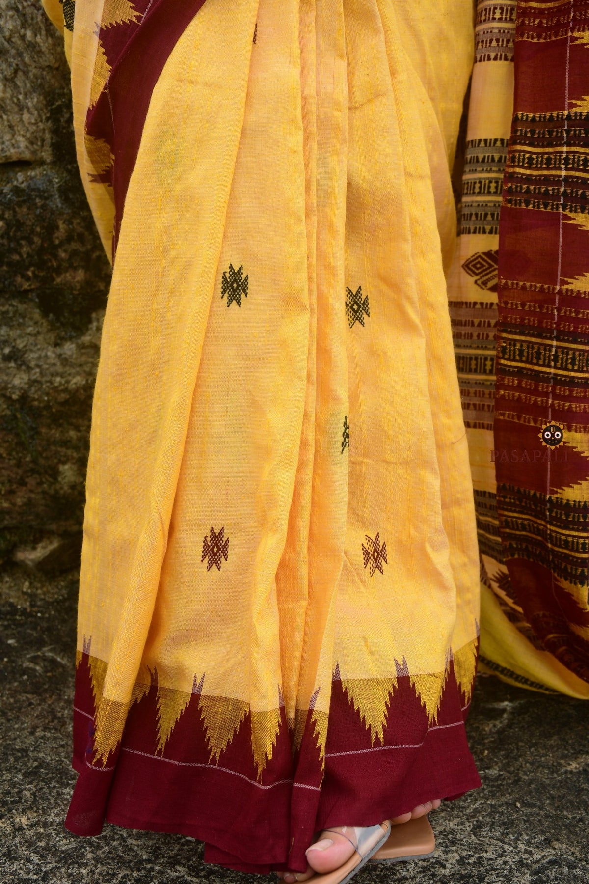 Arunima Kotpad natural dye saree flat lay — full length yellow Tussar Cotton Silk with kumbha border and tribal pallu