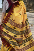 Arunima Kotpad handloom saree front drape side angle — black maroon accents on natural dyed Tussar Cotton Silk