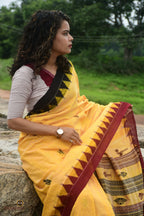 Arunima Kotpad saree front drape — yellow Tussar Cotton Silk with black maroon kumbha border, Mirgan weavers Odisha