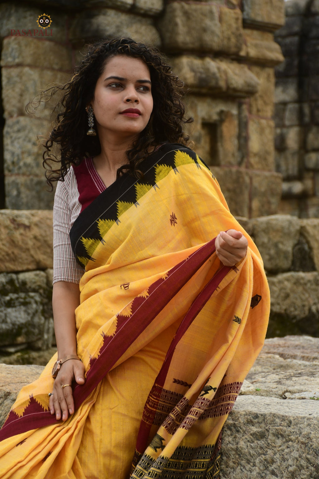 Arunima Kotpad handloom saree body weave — macha and pharsa motifs on natural-dyed yellow Tussar Cotton Silk