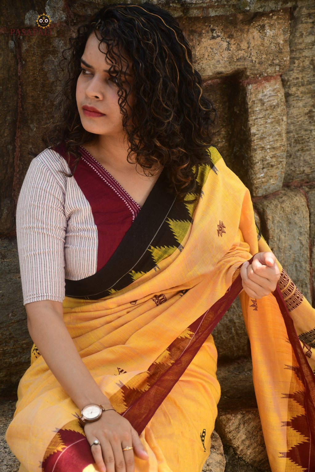Arunima Kotpad saree folded view — yellow black maroon natural dyed Tussar Cotton Silk, GI certified Kotpad textile