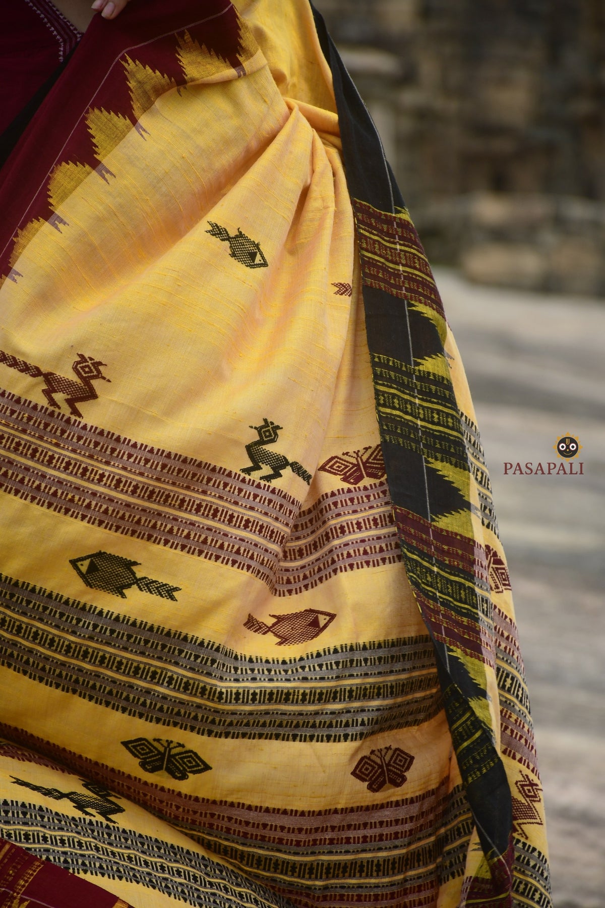 Arunima yellow Kotpad saree handloom drape — vegetable dyed tribal saree Odisha by Pasapali, 5.40 metre length