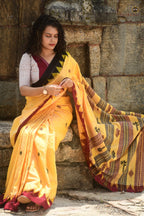 Arunima Kotpad saree pharsa axe motif detail — tribal extra-weft weave on natural dyed Tussar Cotton Silk ground