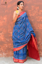 Body weave detail of Barshika Blue Sambalpuri cotton saree — mayur and flower motifs in Bandha double ikat by Pasapali