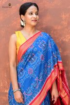 Handloom drape view of Barshika — authentic Sambalpuri Bandha cotton saree in blue and red from Pasapali Odisha