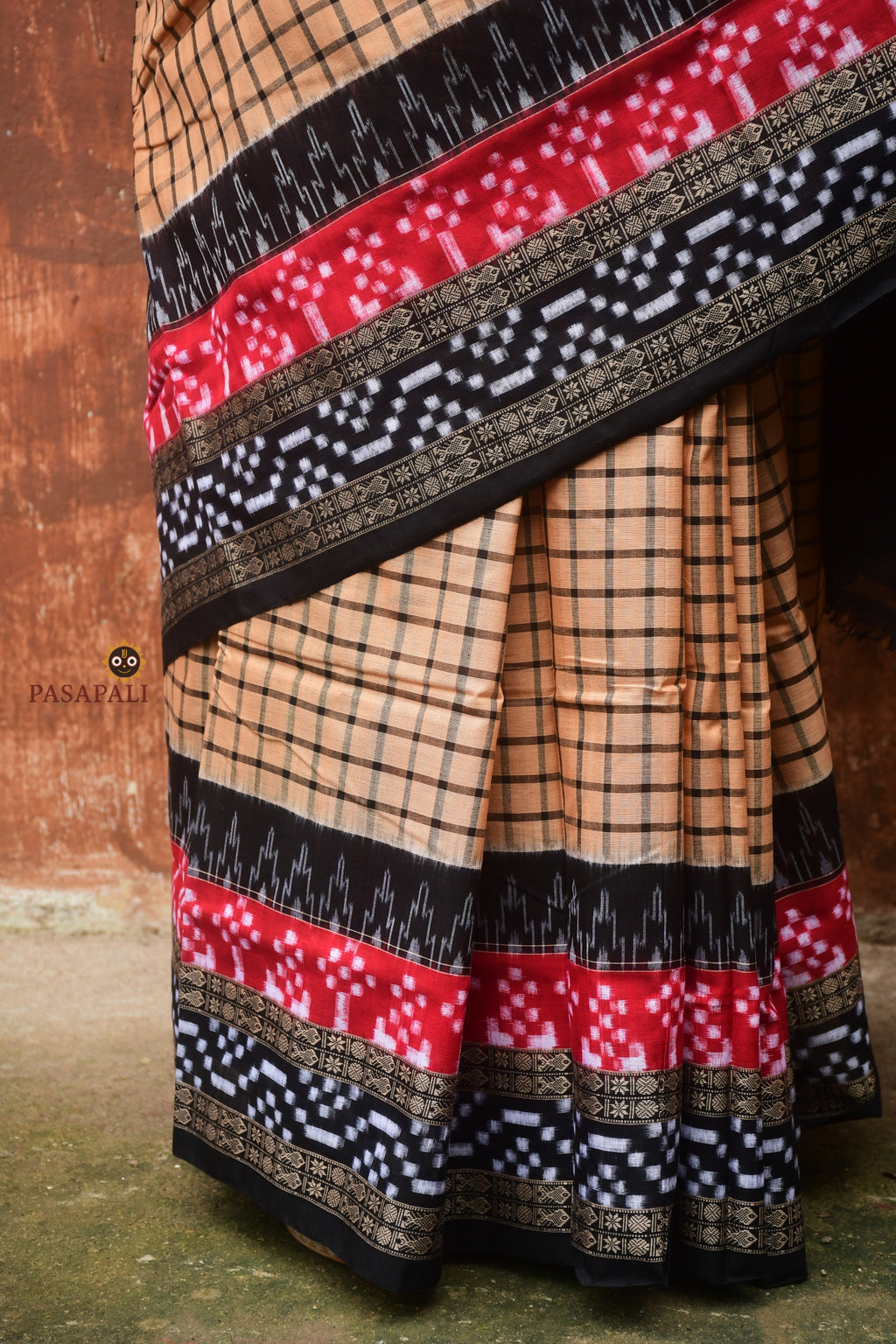 Basundhara light brown Sambalpuri Bandha mercerized cotton saree by Pasapali — full hero view showing check body and Pasapali border