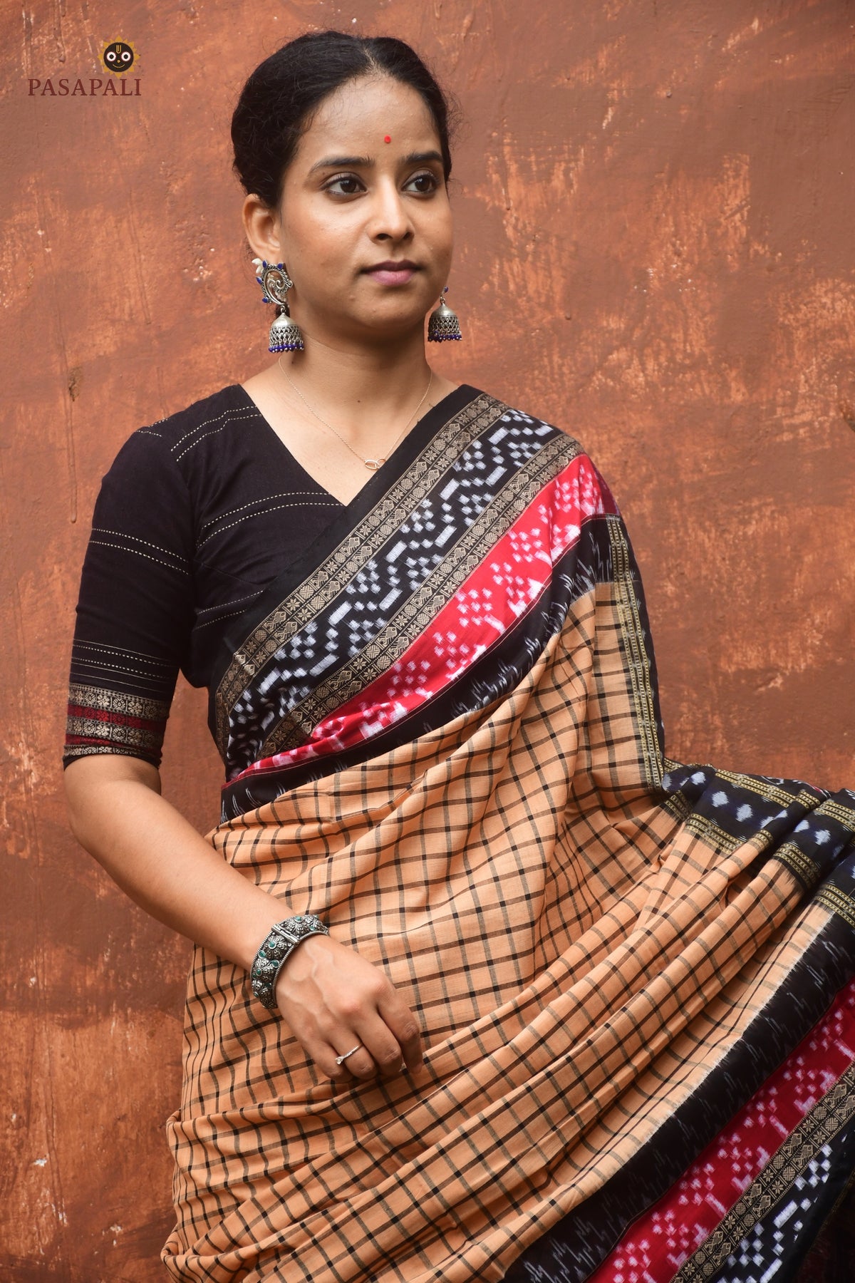 Basundhara light brown Sambalpuri Bandha mercerized cotton saree by Pasapali — full hero view showing check body and Pasapali border
