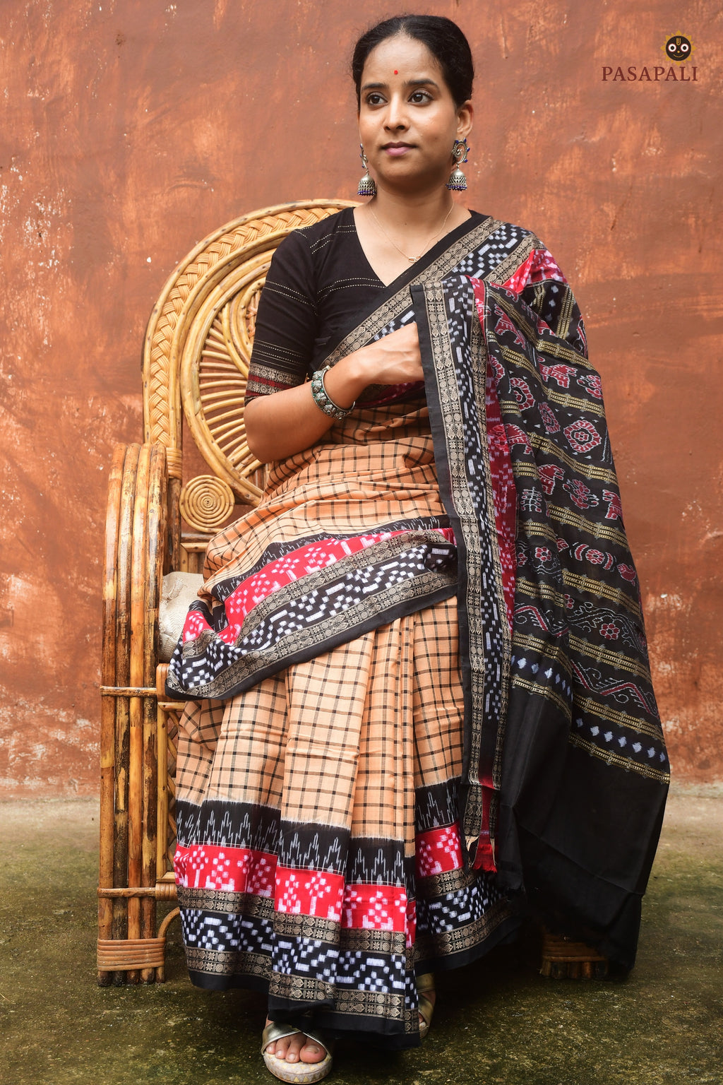 Basundhara light brown Sambalpuri Bandha mercerized cotton saree by Pasapali — full hero view showing check body and Pasapali border