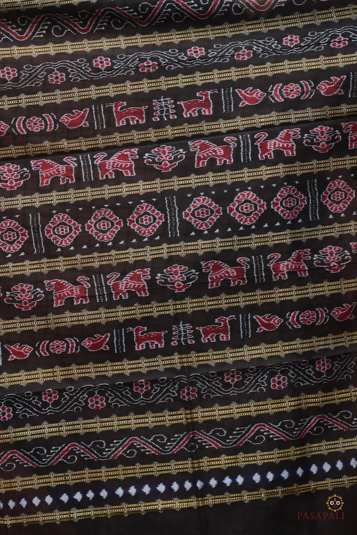 Basundhara light brown Sambalpuri Bandha mercerized cotton saree by Pasapali — full hero view showing check body and Pasapali border