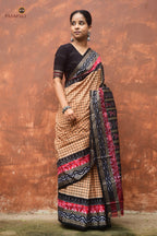 Close-up of Pasapali border on Basundhara — kumbha and fish motifs in black and light brown, Bandha double ikat weave, Odisha