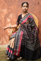 Motif detail on Basundhara pallu — bird and phula lata rendered in Bandhakala double ikat technique by Bhulia weavers, Odisha