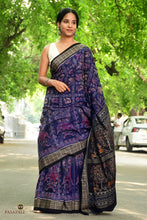 Load image into Gallery viewer, Night Blue Sambalpuri mercerized cotton saree, Pasapali — full view showing Mayura motif body, black fish border, black elephant-deer pallu.
