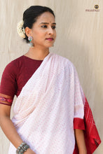 Load image into Gallery viewer, Bhargavi Sambalpuri Bandha saree draped — white mercerized cotton with solid red border and fish motif detail, Pasapali
