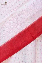 Load image into Gallery viewer, Body weave detail of Bhargavi — tiny buta motifs scattered across white mercerized cotton, Sambalpuri Bandha, Pasapali
