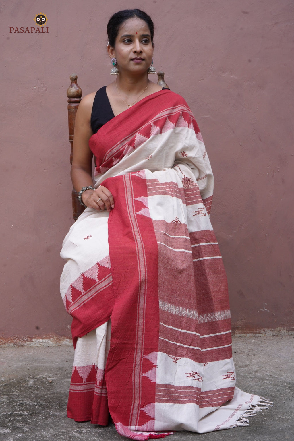 Bhoomi front drape — Kotpad handloom cotton saree in off-white and red, natural dyed tribal saree Odisha, Pasapali