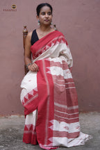 Bhoomi front drape — Kotpad handloom cotton saree in off-white and red, natural dyed tribal saree Odisha, Pasapali