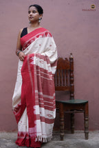 Pallu detail of Bhoomi Kotpad handloom saree — macha fish and pharsa axe motifs in extra-weft weave, Pasapali
