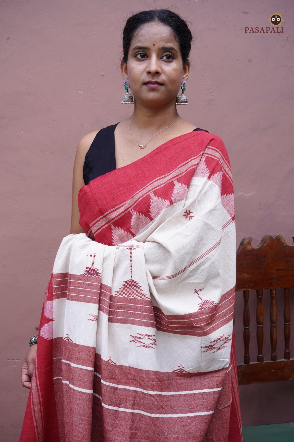 Body weave detail of Bhoomi — tribal motifs on handspun off-white cotton, Kotpad natural dye, Mirgan weavers Odisha