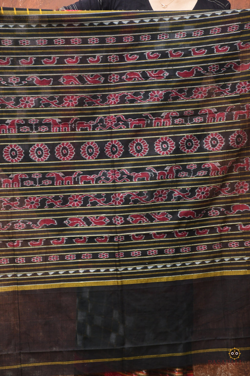 Bichitrapuri green black Sambalpuri cotton saree full view — double ikat, fish border, phula pallu | Pasapali