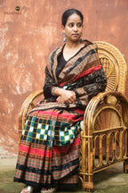 Front drape of Bichitrapuri green Sambalpuri handloom saree — saktapar checks, fish motif border | Pasapali