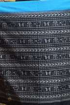 Bimala blue Sambalpuri cotton saree full view — Bandha double ikat, ikat kathiphera border, Pasapali handloom Odisha