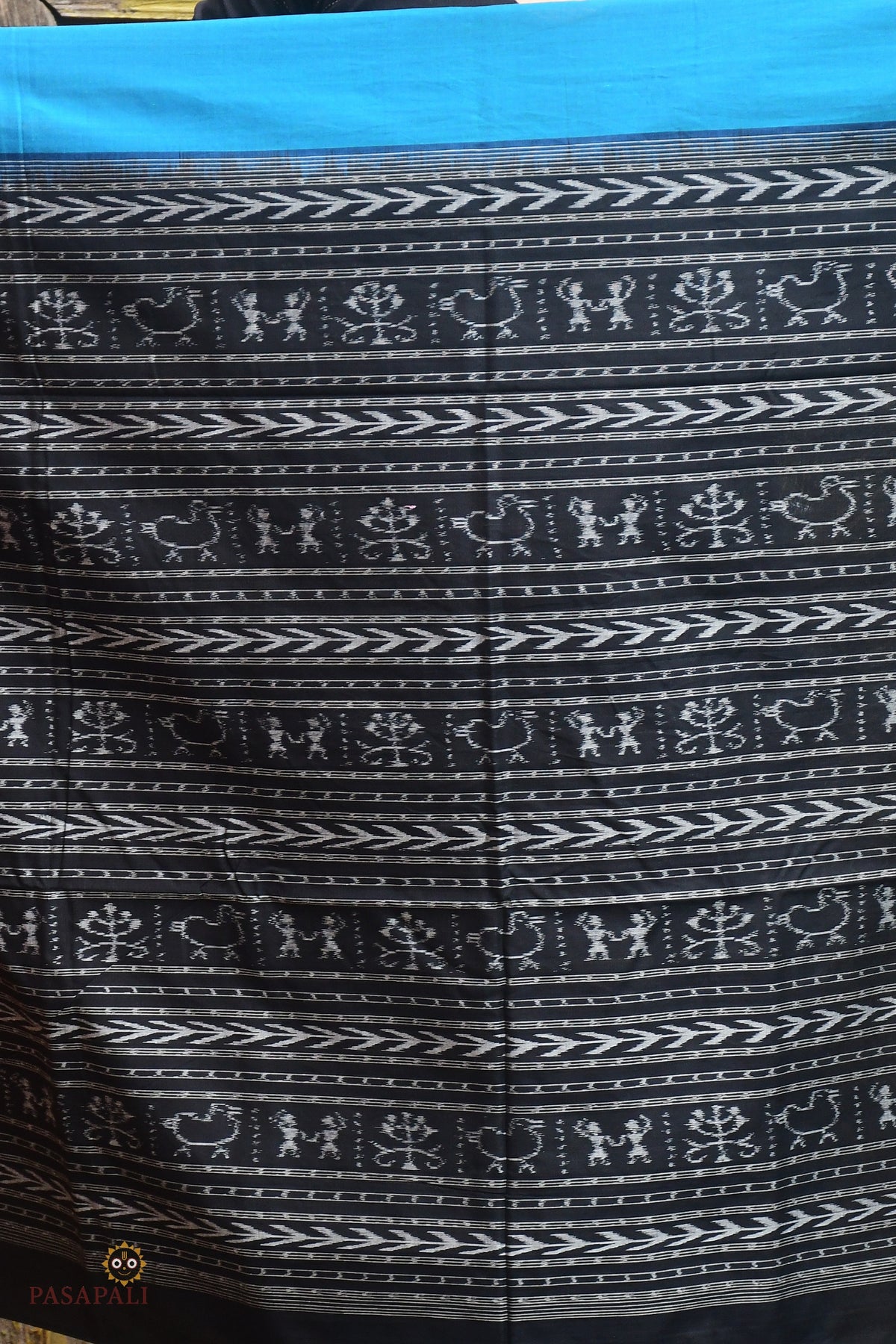 Bimala blue Sambalpuri cotton saree full view — Bandha double ikat, ikat kathiphera border, Pasapali handloom Odisha