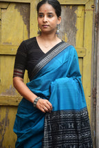 Bimala Sambalpuri cotton saree folded detail — blue and black GI certified handloom, Pasapali Odisha